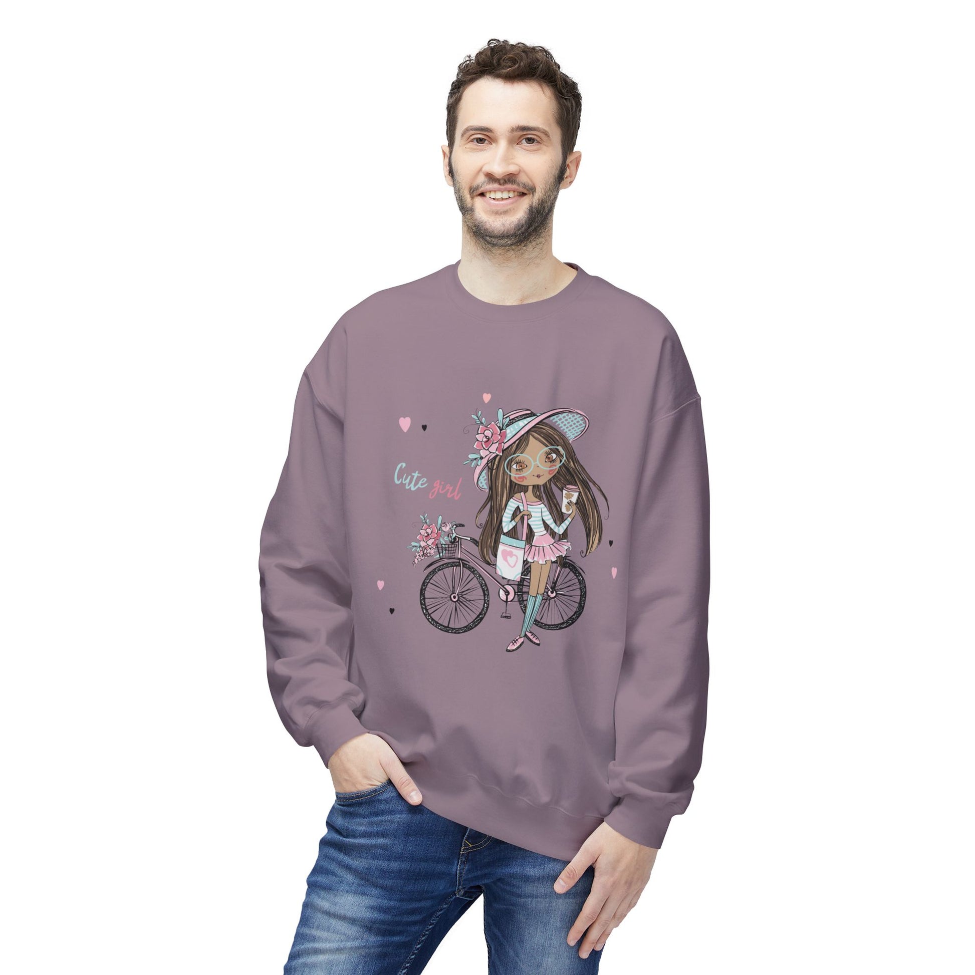 Cute Girl on Bicycle Sweatshirt, Cozy Fleece Crewneck, Spring Fashion, Gift for Her, Casual Sweatshirt, Cartoon Design