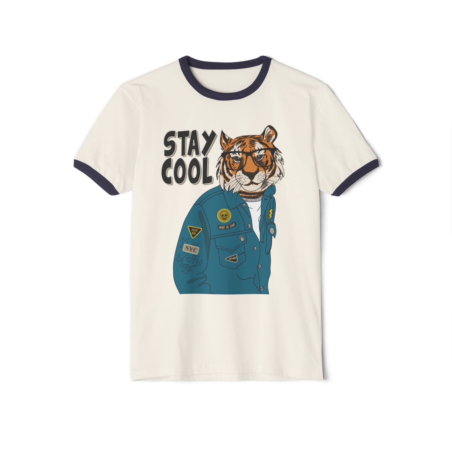 Stay Cool Tiger Ringer T-Shirt, Unisex Vintage Tee, Casual Gift, Animal Lover Apparel, Summer Fashion, Fun Graphic Shirt Natural Midnight Navy