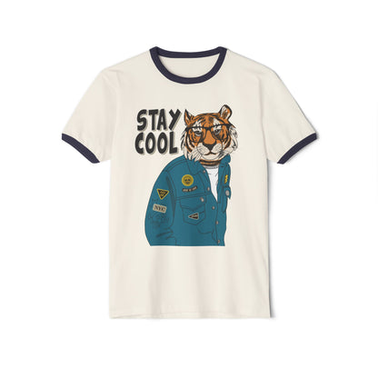 Stay Cool Tiger Ringer T-Shirt, Unisex Vintage Tee, Casual Gift, Animal Lover Apparel, Summer Fashion, Fun Graphic Shirt Natural Midnight Navy