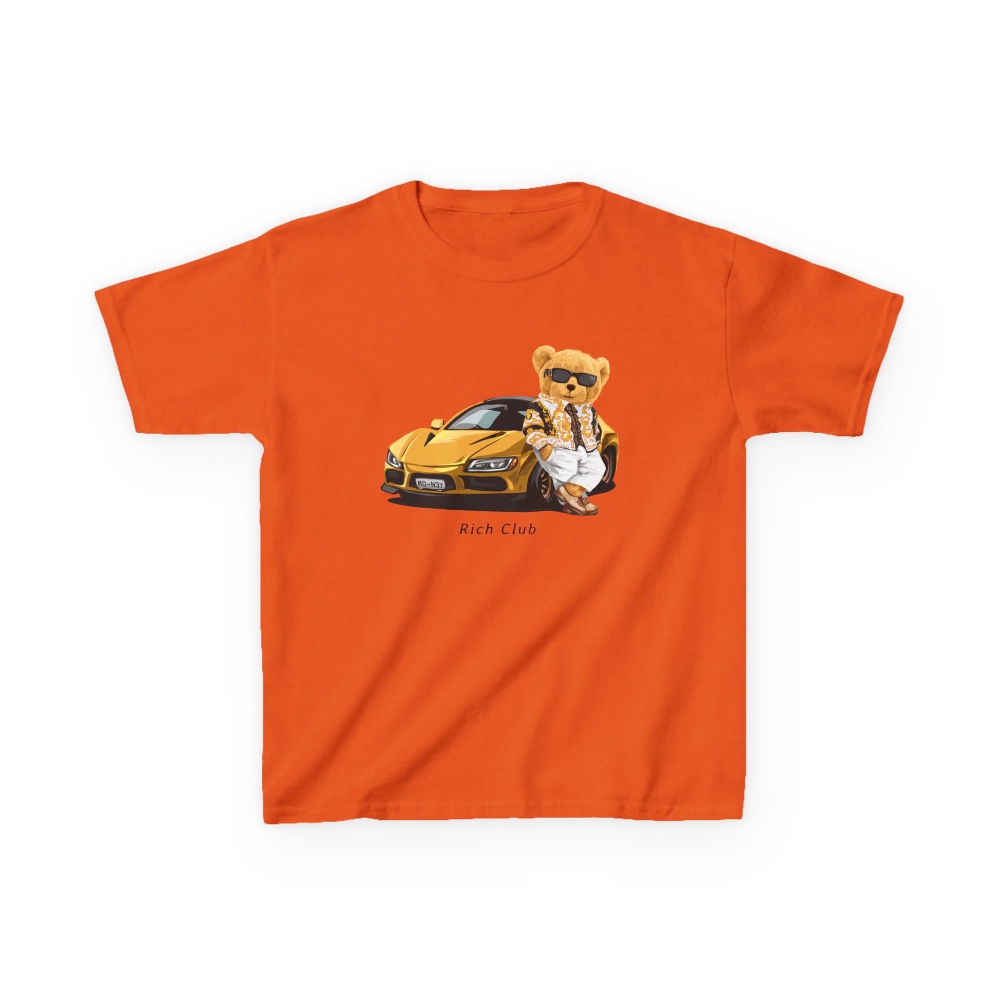 Cool Cartoon Bear Kids Tee, Fun Gift for Birthdays, Car Lovers T-Shirt, Playful Kid's Clothing, Perfect for Casual Days, Summer Fun Orange