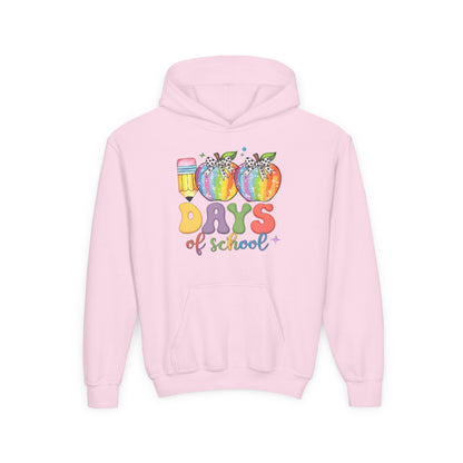Colorful 100 Days of School Hoodie for Kids, Fun Sweatshirt for Students, Back to School Gift, Rainbow Apple Design, Classroom Light Pink