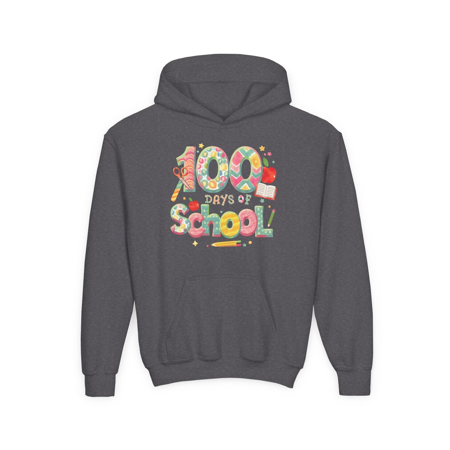 100 Days of School Youth Hoodie, Colorful School Spirit Sweatshirt, Kids Celebration Hoodie, Perfect for School Events, Fun Memory Gear Dark Heather