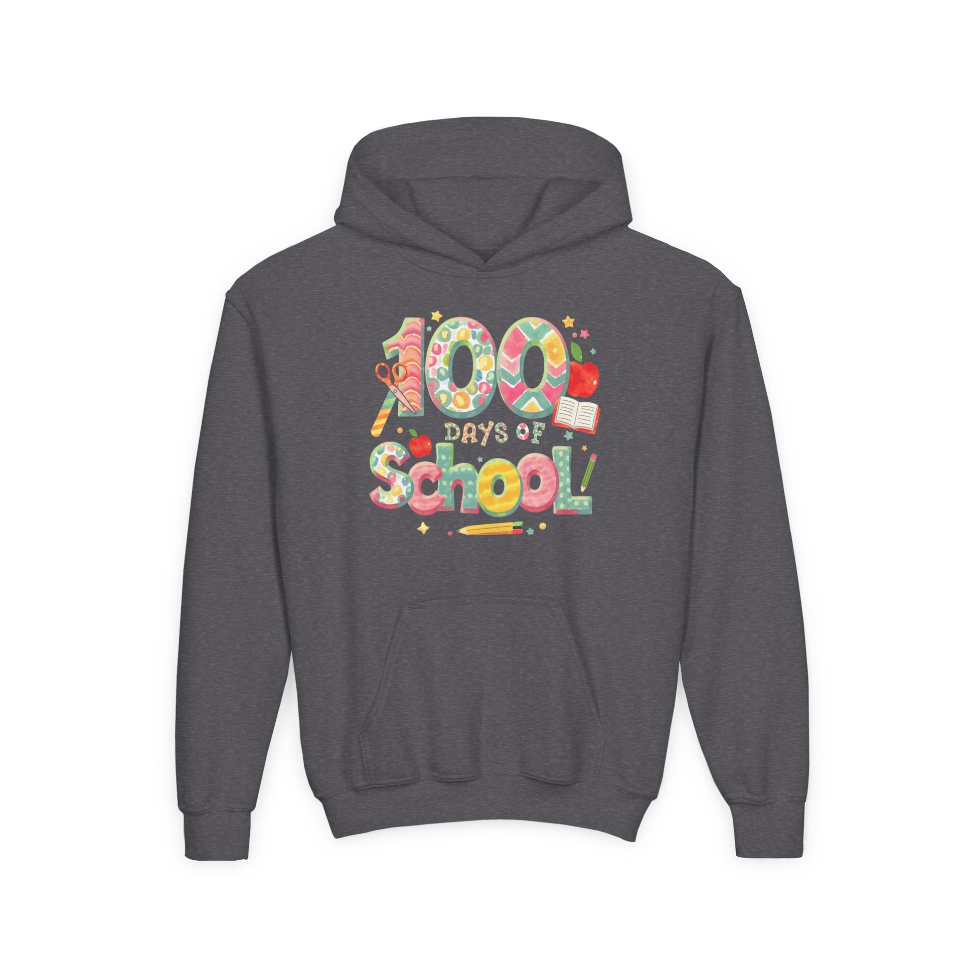 100 Days of School Youth Hoodie, Colorful School Spirit Sweatshirt, Kids Celebration Hoodie, Perfect for School Events, Fun Memory Gear Dark Heather