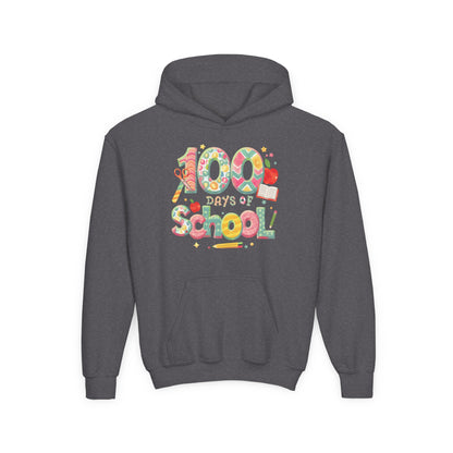 100 Days of School Youth Hoodie, Colorful School Spirit Sweatshirt, Kids Celebration Hoodie, Perfect for School Events, Fun Memory Gear Dark Heather