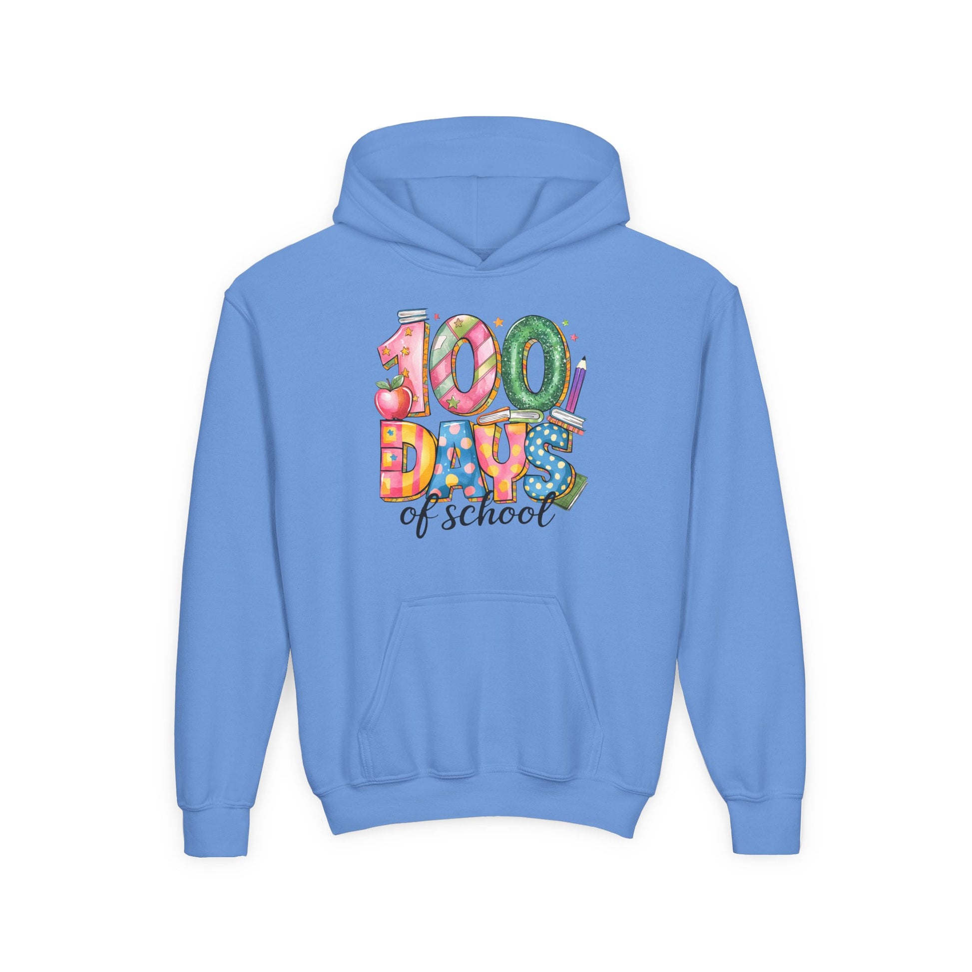 100 Days of School Youth Hoodie, Celebrate Achievement Sweatshirt, Fun Kids Apparel, School Milestone Gift, Classroom Celebration Wear Carolina Blue