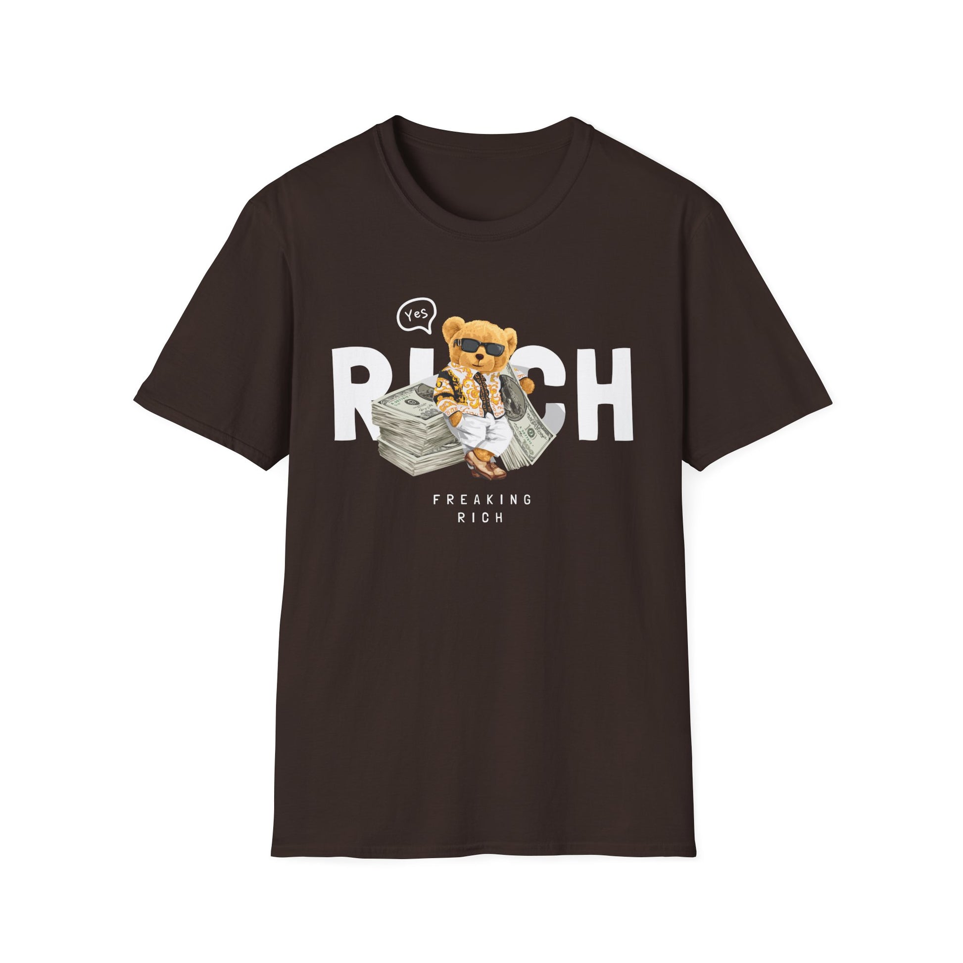 Freaking Rich T-Shirt, Unisex Softstyle Tee for Money Lovers, Fun Graphic Shirt for Birthdays, Gifts, Everyday Wear, Casual Attire Dark Chocolate