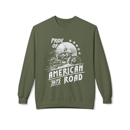 Pride of American Road Crewneck Sweatshirt, Cozy Unisex Fleece Top, Ideal Gift for Bikers, Road Trip Apparel, 1973 Vintage Style Military Green