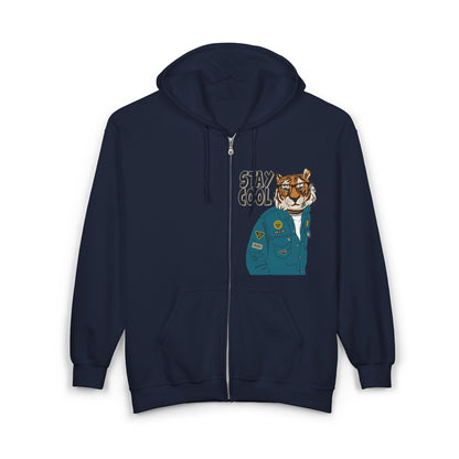 Trendy Graphic Hoodie - Stay Cool Tiger Zip Sweatshirt, Animal Lover Gift, Casual Streetwear, Cozy Layering Piece, Unique Fashion Statement