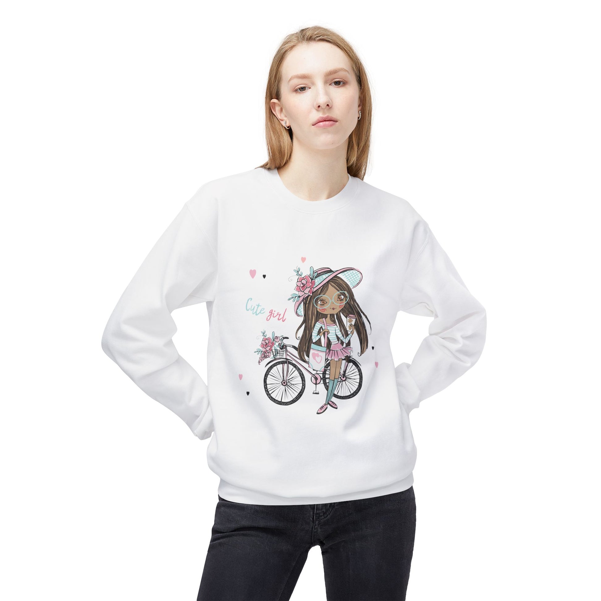 Cute Girl on Bicycle Sweatshirt, Cozy Fleece Crewneck, Spring Fashion, Gift for Her, Casual Sweatshirt, Cartoon Design