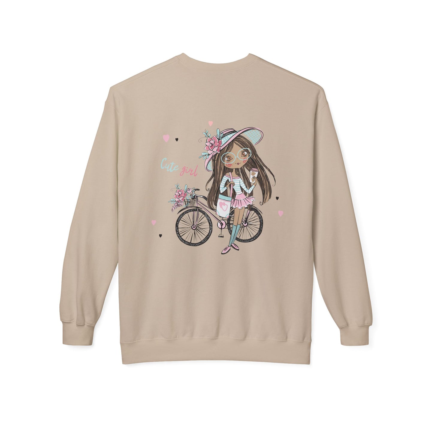Cute Girl on Bicycle Sweatshirt, Cozy Fleece Crewneck, Spring Fashion, Gift for Her, Casual Sweatshirt, Cartoon Design