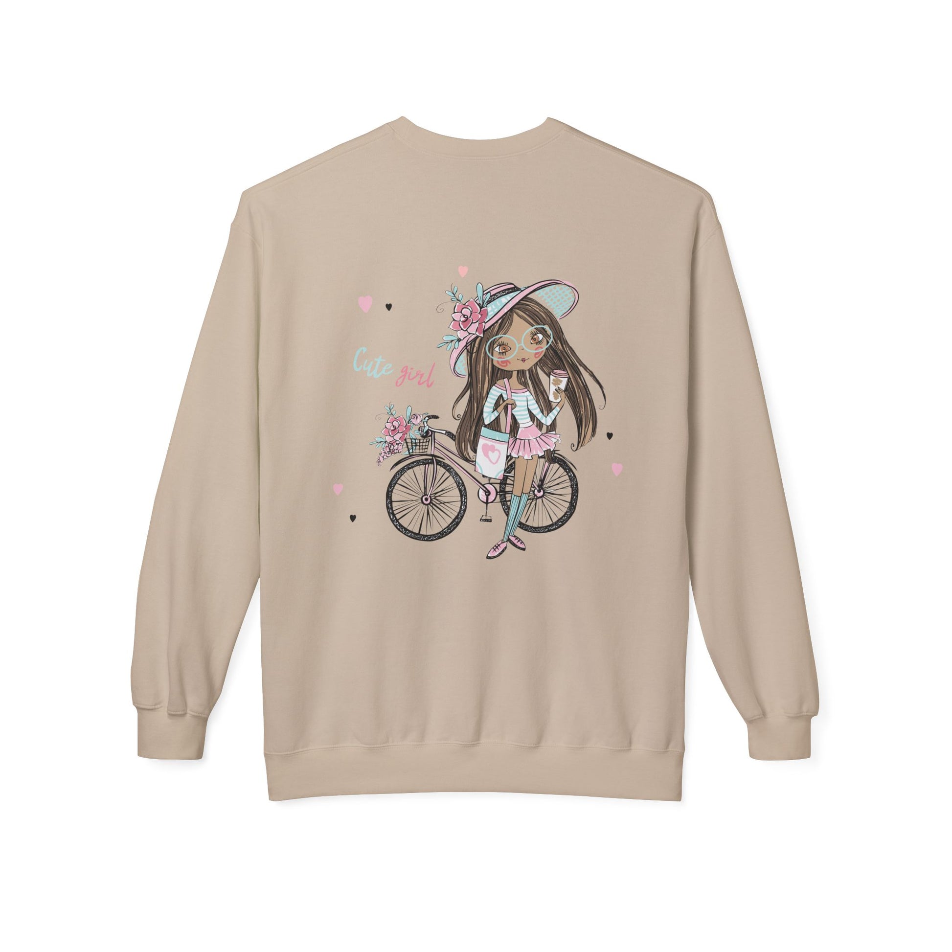 Cute Girl on Bicycle Sweatshirt, Cozy Fleece Crewneck, Spring Fashion, Gift for Her, Casual Sweatshirt, Cartoon Design