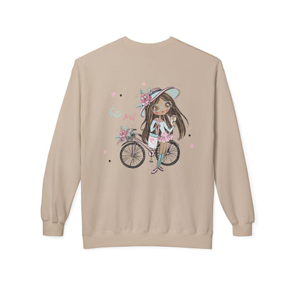 Cute Girl on Bicycle Sweatshirt, Cozy Fleece Crewneck, Spring Fashion, Gift for Her, Casual Sweatshirt, Cartoon Design