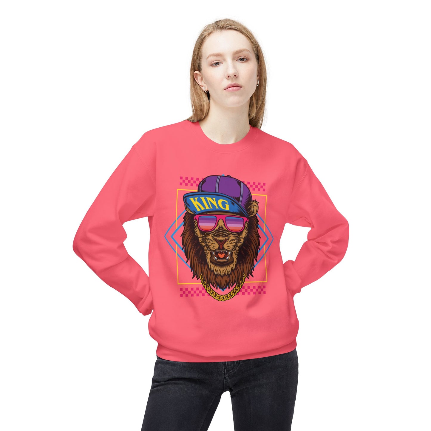 King Lion Graphic Crewneck Sweatshirt, Cozy Streetwear, Unisex Gift, Funny Animal Sweatshirt, Retro Style Apparel, Perfect for Any Occasion