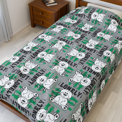 "Lonely" Teddy Bear Graphic Velveteen Plush Blanket – Soft Grey Throw for Home Decor – Introspective Streetwear Style 60" × 80"