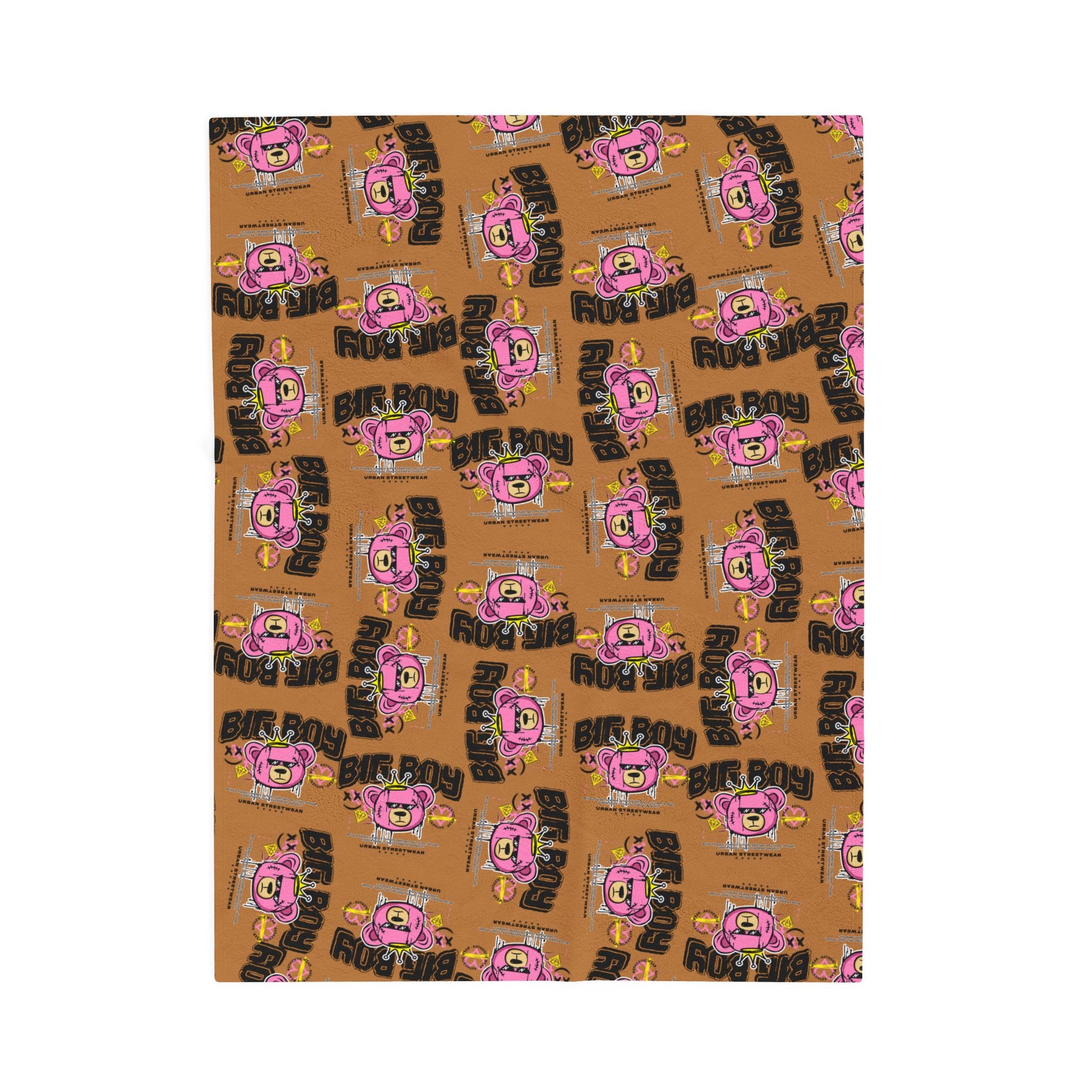 "Big Boy" Pink Bear Graphic Plush Blanket – Soft Velveteen Throw for Bed or Couch – Brown Urban Streetwear Home Decor