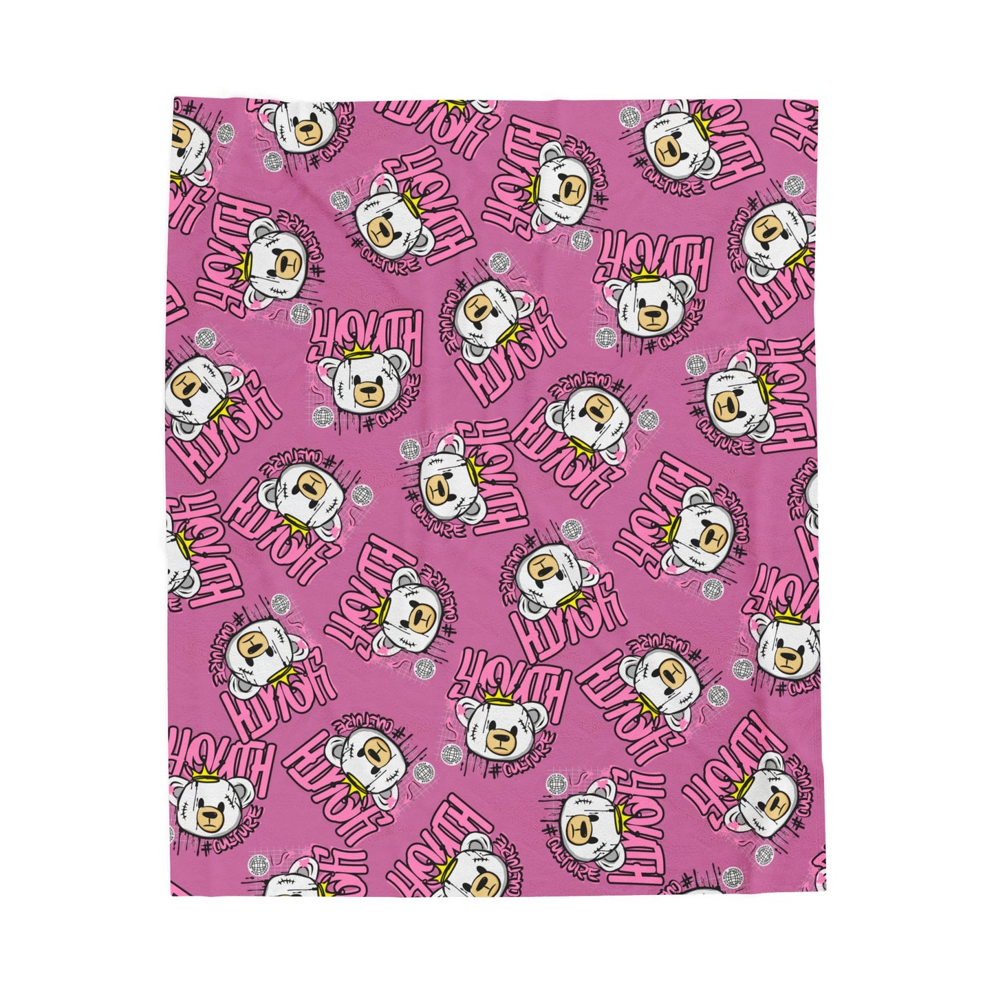 Youth Culture Bear Graphic Velveteen Plush Blanket – Soft Throw for Couch or Bed – Pink Urban Streetwear Home Decor