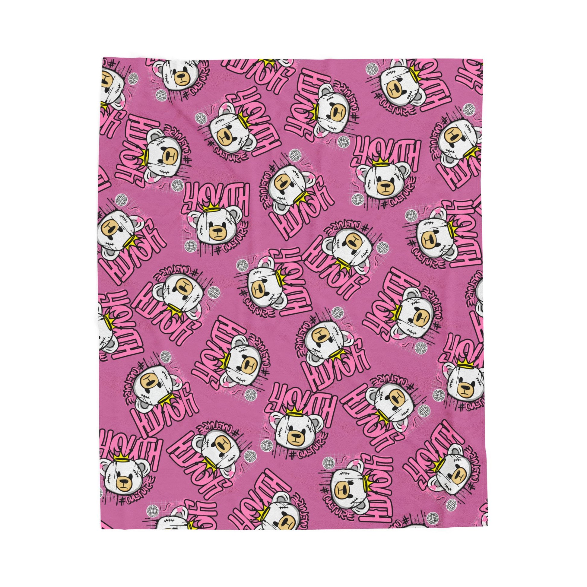 Youth Culture Bear Graphic Velveteen Plush Blanket – Soft Throw for Couch or Bed – Pink Urban Streetwear Home Decor