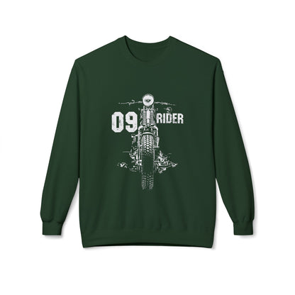 Retro Unisex Fleece Crew Sweatshirt - 09 Rider Design, Cozy Apparel, Gift for Bikers, Streetwear, Festival Wear, Everyday Comfort Forest Green