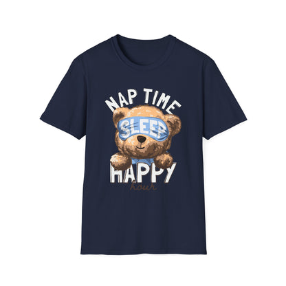 Nap Time Happy Bear Unisex T-Shirt, Sleep Shirt, Cute Graphic Tee, Cozy Relaxed Wear, Gift for Nappers, Funny Pajama T-Shirt Navy