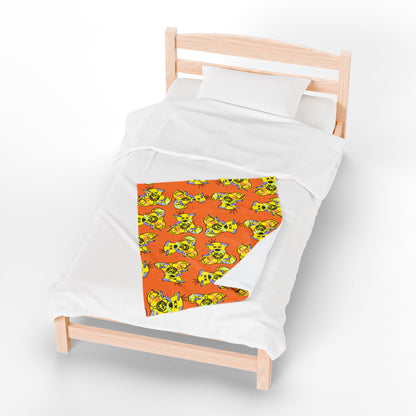 Emotional Collage Graphic Velveteen Plush Blanket – Soft Orange Throw with Teddy Bear – Artistic Streetwear Home Decor