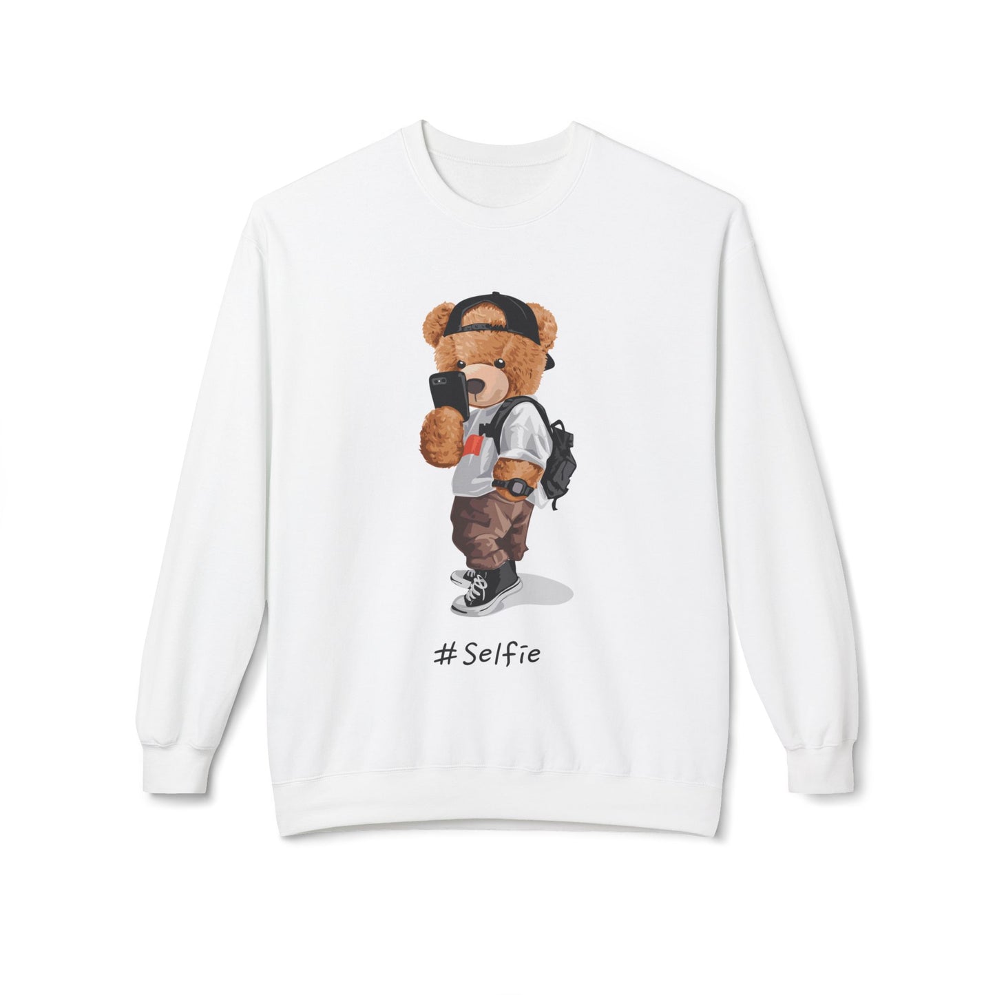 Cute Bear Selfie Sweatshirt, Trendy Gift for Teens, Cozy Fleece Crew, Fashionable Streetwear, Perfect for Casual Days, Instagram Vibes White