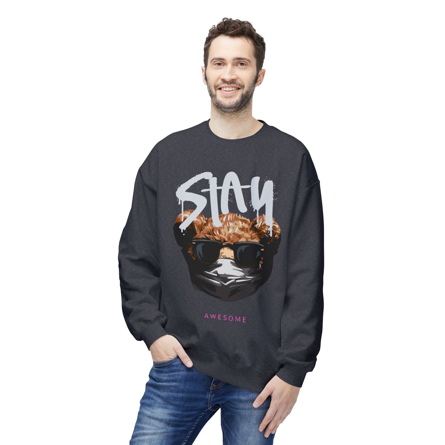 Stay Awesome Fleece Crewneck Sweatshirt for Cozy Vibes, Perfect Gift for Friends, Cute Casual Wear, Fun Retro Style, Ideal for Cold Days