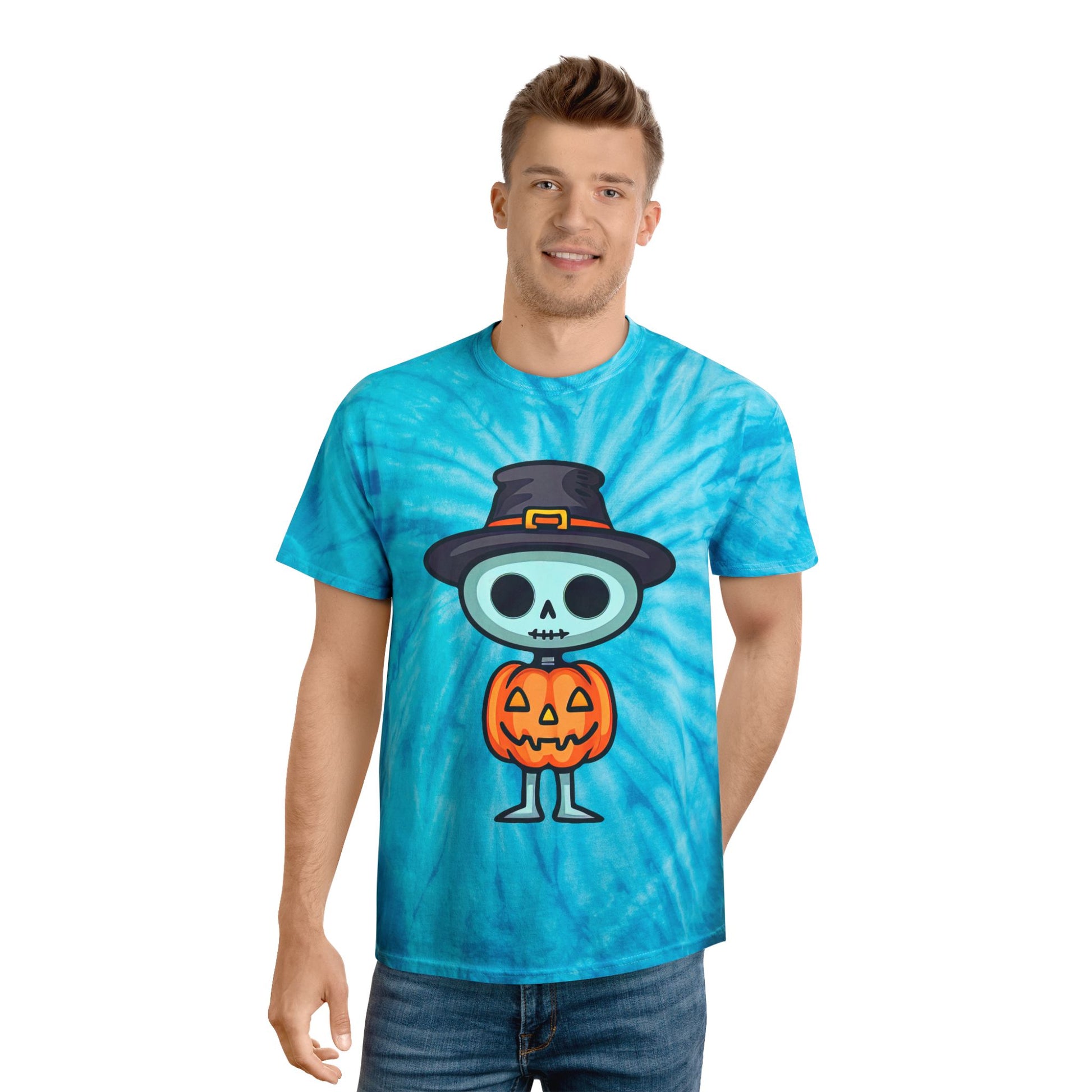 Halloween Tie-Dye Tee with Skeleton Design, Vintage Tie-Dye T-Shirt, Fun Fall Apparel, Spooky Season Outfit, Halloween Party Shirt - Cozy Kawaii LLC