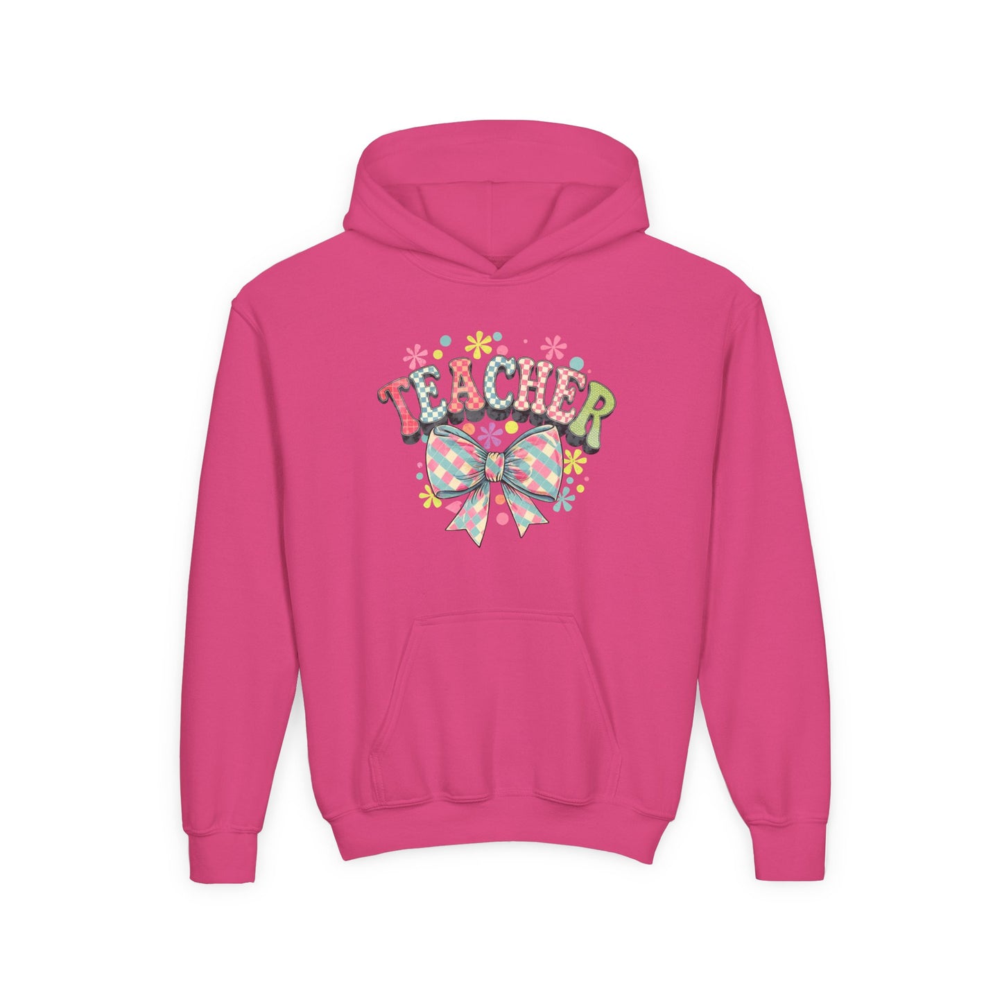 Teacher Hoodie with Colorful Floral Bow Design, Ideal Gift for Educators, School Spirit Wear, Teacher Appreciation, Back to School Heliconia