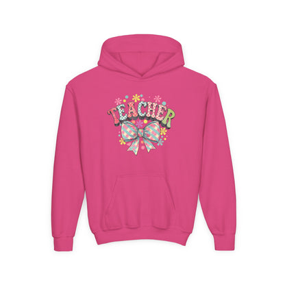 Teacher Hoodie with Colorful Floral Bow Design, Ideal Gift for Educators, School Spirit Wear, Teacher Appreciation, Back to School Heliconia