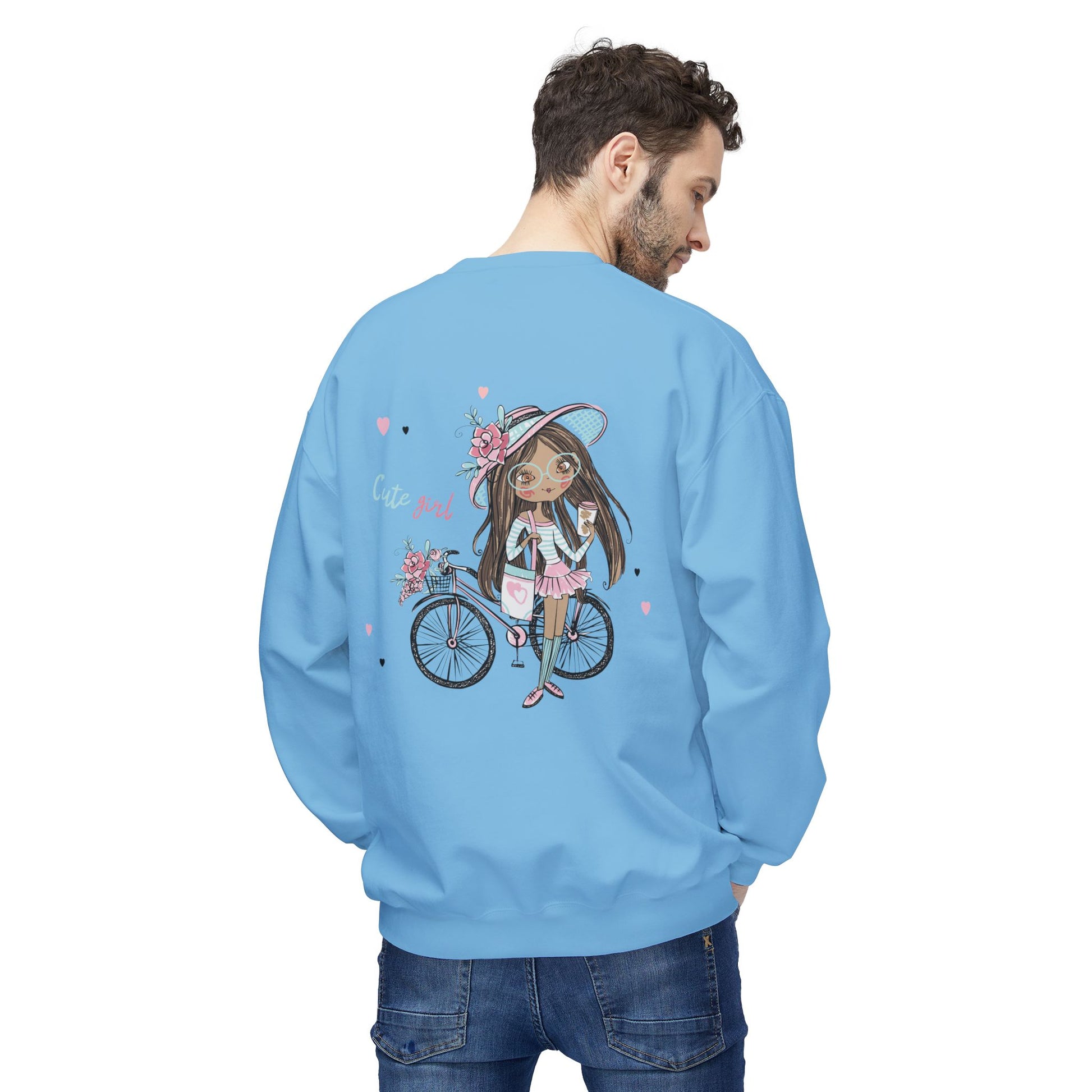 Cute Girl on Bicycle Sweatshirt, Cozy Fleece Crewneck, Spring Fashion, Gift for Her, Casual Sweatshirt, Cartoon Design