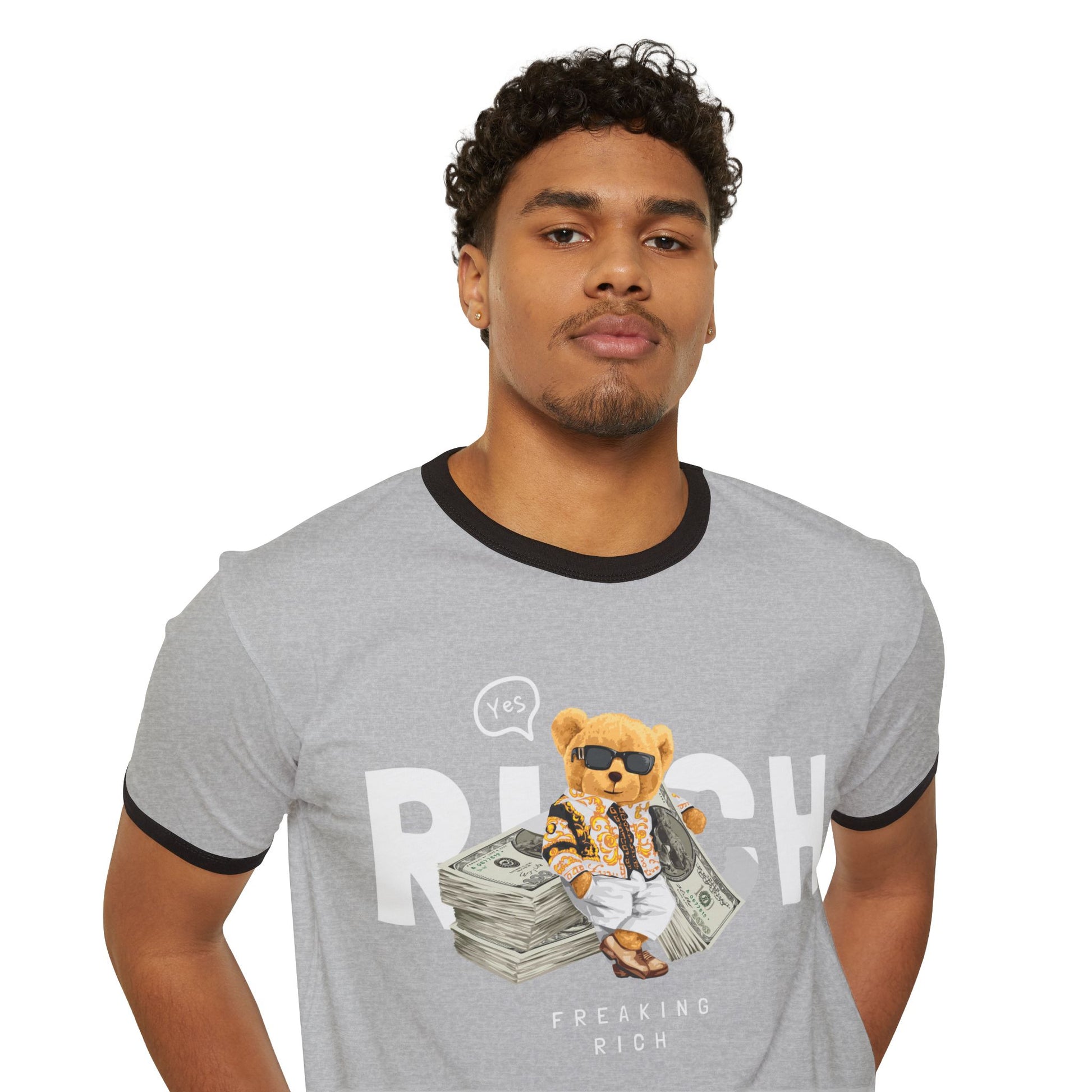 Cute Bear Rush Graphic Ringer T-Shirt, Funny Animal Tee, Casual Unisex Wear, Perfect Gift for Holidays, Birthday Presents, Trendy Apparel Heather Grey Black