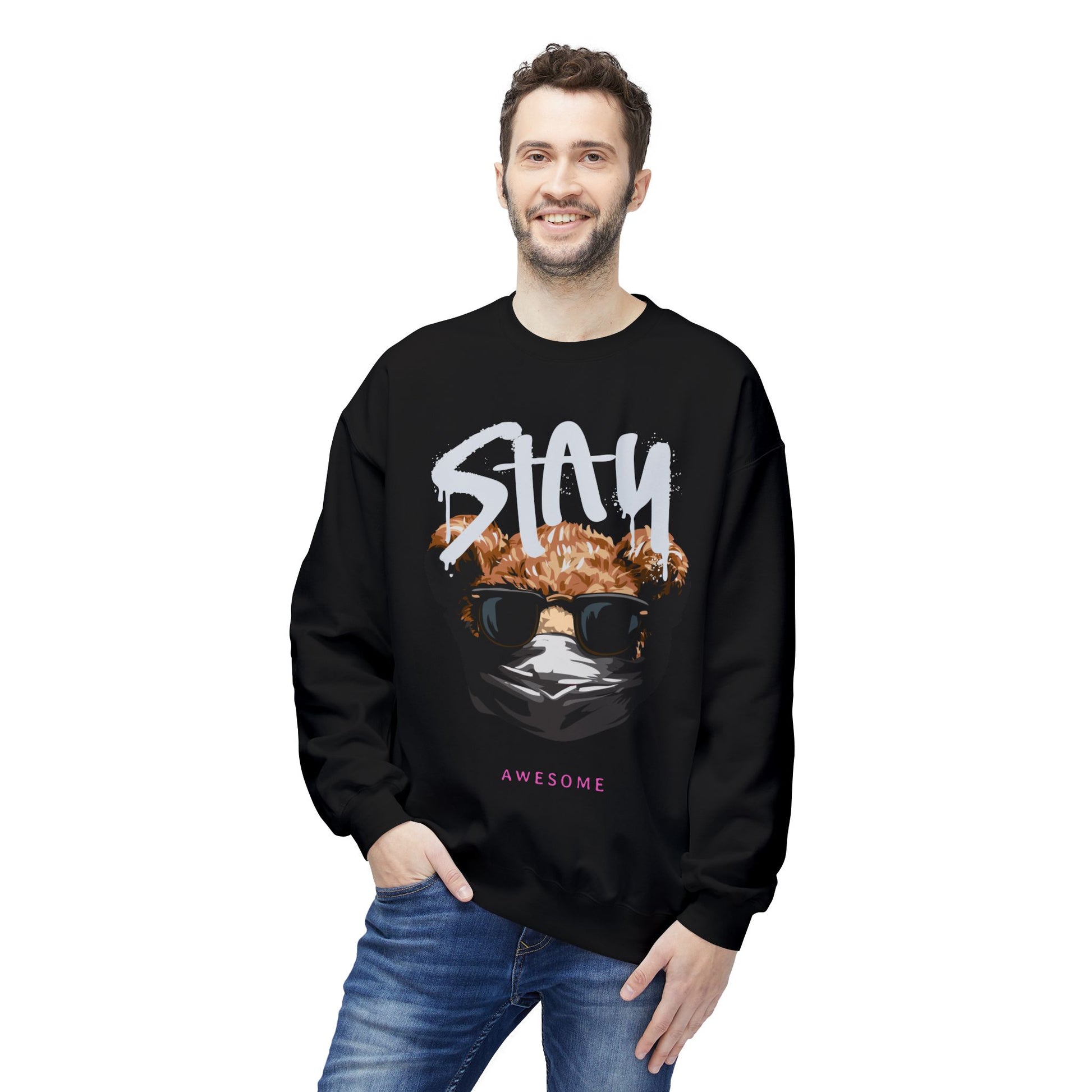 Stay Awesome Fleece Crewneck Sweatshirt for Cozy Vibes, Perfect Gift for Friends, Cute Casual Wear, Fun Retro Style, Ideal for Cold Days