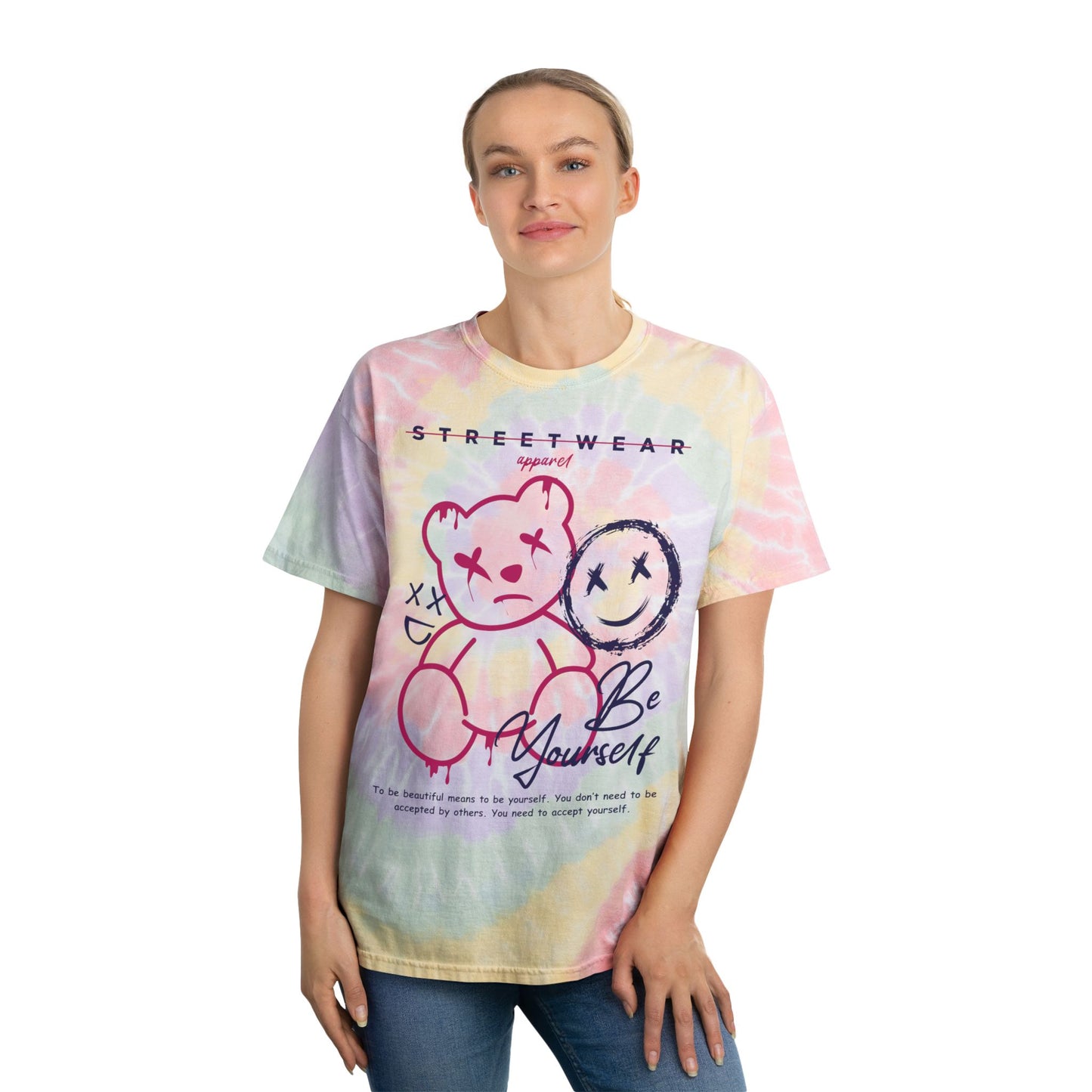 Unisex "Be Yourself" Tie Dye T-Shirt – Artistic Streetwear Graphic Tee with Teddy Bear Mask & Self-Acceptance Quote Hazy Rainbow