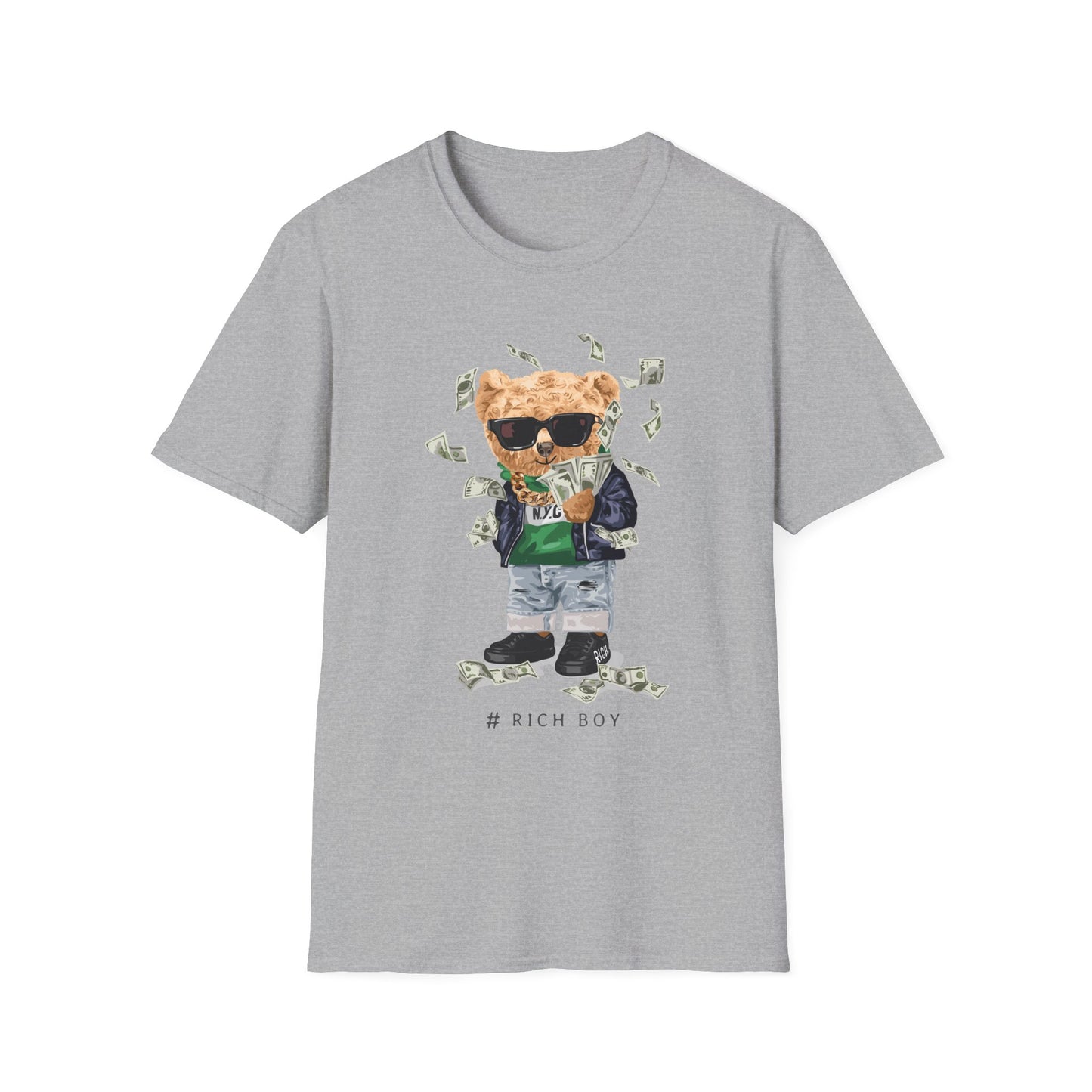 Rich Boy Graphic T-Shirt | Unisex Softstyle Tee | Cute Bear Design | Casual Wear | Gift for Kids | Birthday & Holiday Sport Grey