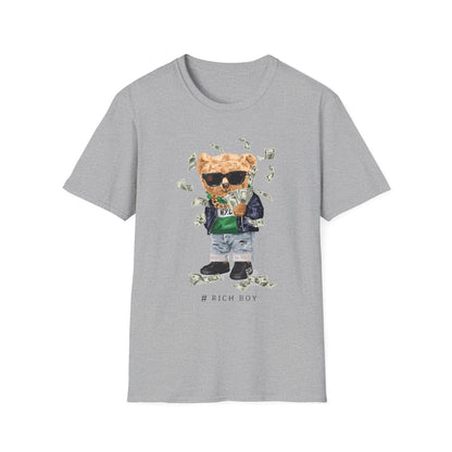 Rich Boy Graphic T-Shirt | Unisex Softstyle Tee | Cute Bear Design | Casual Wear | Gift for Kids | Birthday & Holiday Sport Grey