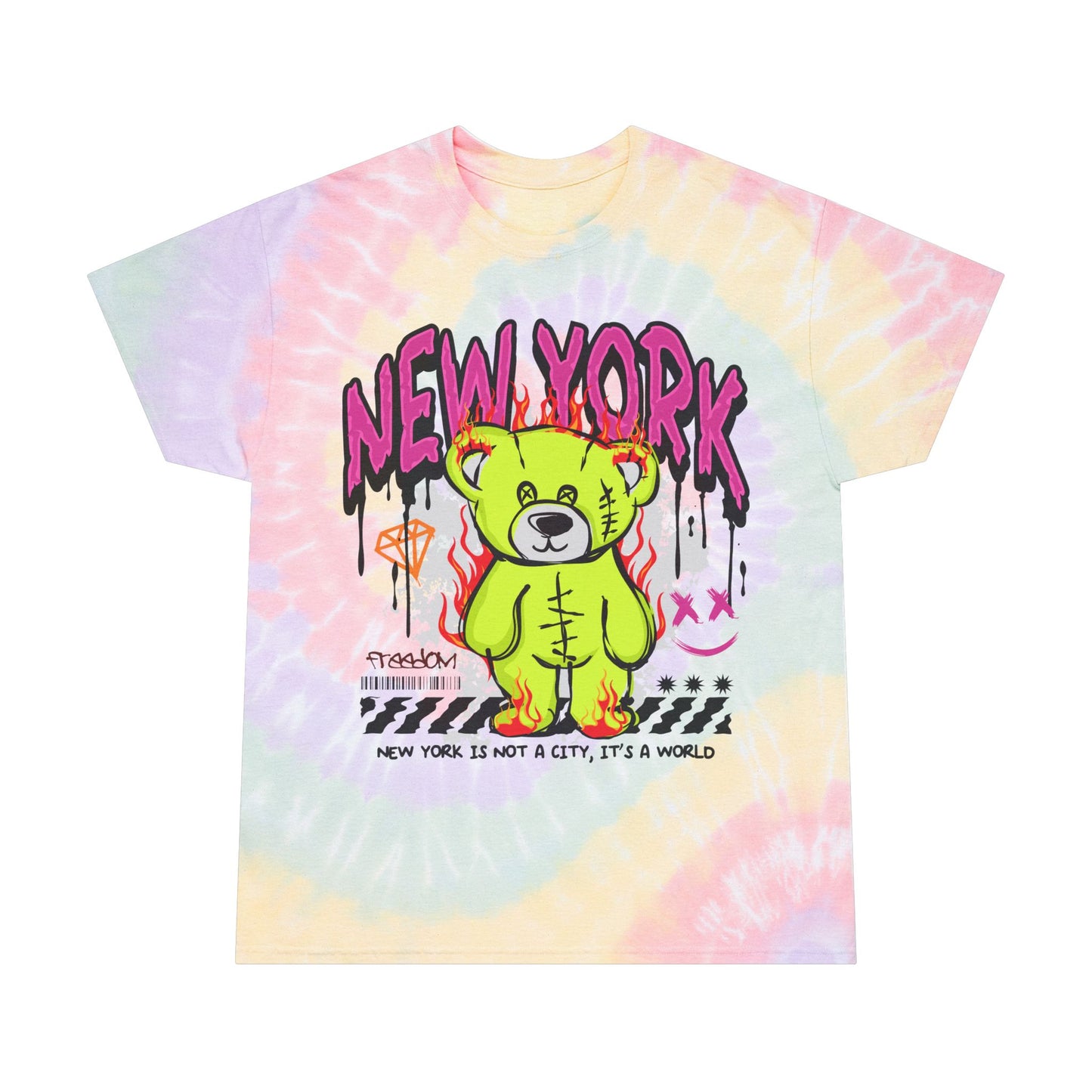 Unisex New York Tie Dye T-Shirt – NYC Streetwear Graphic Tee with Flaming Teddy Bear – Soft Cotton Souvenir Shirt