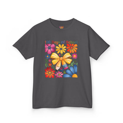 Colorful 100 Days of School Kids Tee, Flower Print T-Shirt for Students, End of Year Celebration Shirt, Fun School Day Wear, Gift for Kids Charcoal
