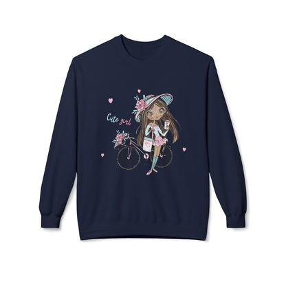 Cute Girl on Bicycle Sweatshirt, Cozy Fleece Crewneck, Spring Fashion, Gift for Her, Casual Sweatshirt, Cartoon Design Navy