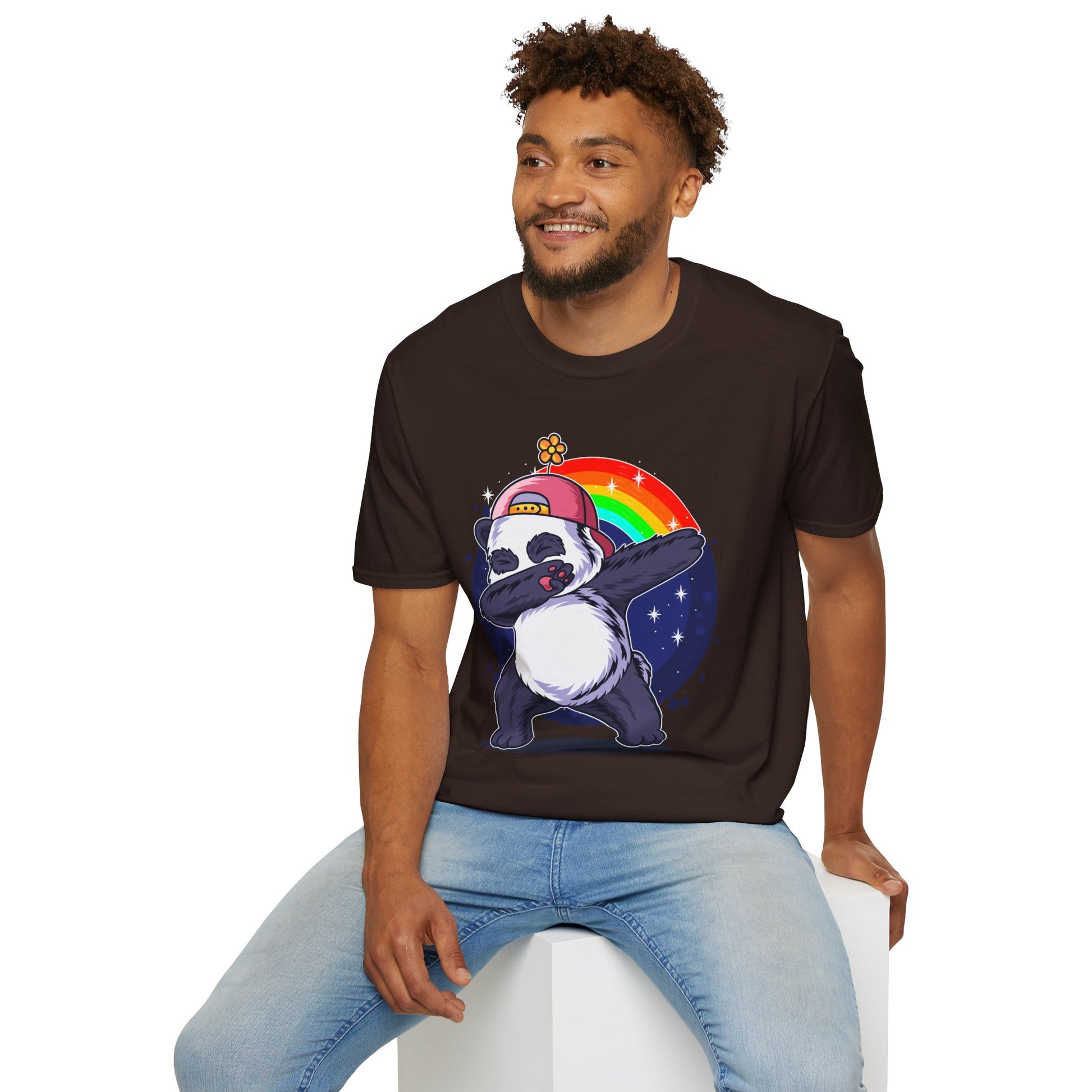 Rainbow Panda Unisex Softstyle T-Shirt, Cute Panda Tee, Gift for Animal Lovers, Fun Casual Wear, Birthday Present, Streetwear Fashion
