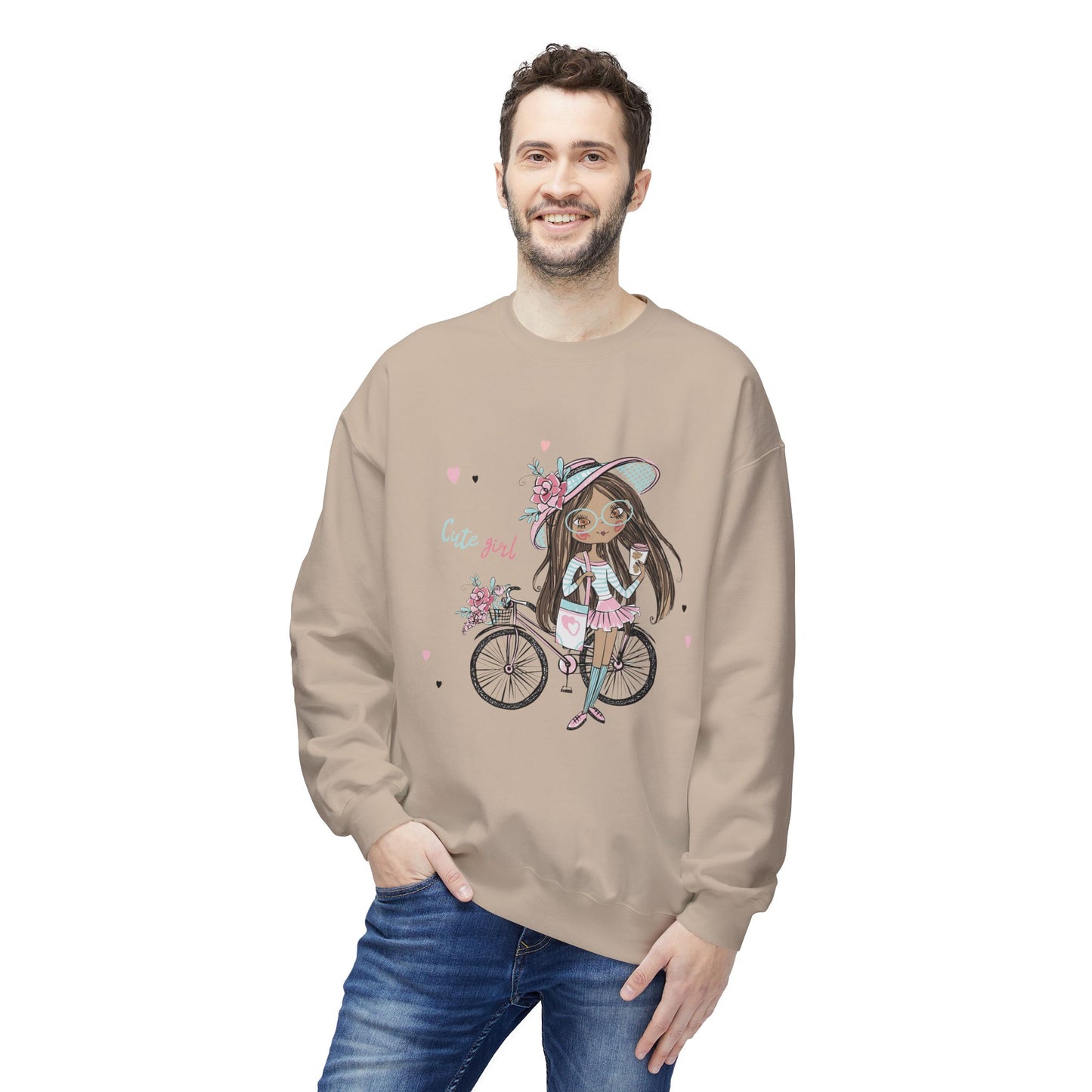 Cute Girl on Bicycle Sweatshirt, Cozy Fleece Crewneck, Spring Fashion, Gift for Her, Casual Sweatshirt, Cartoon Design
