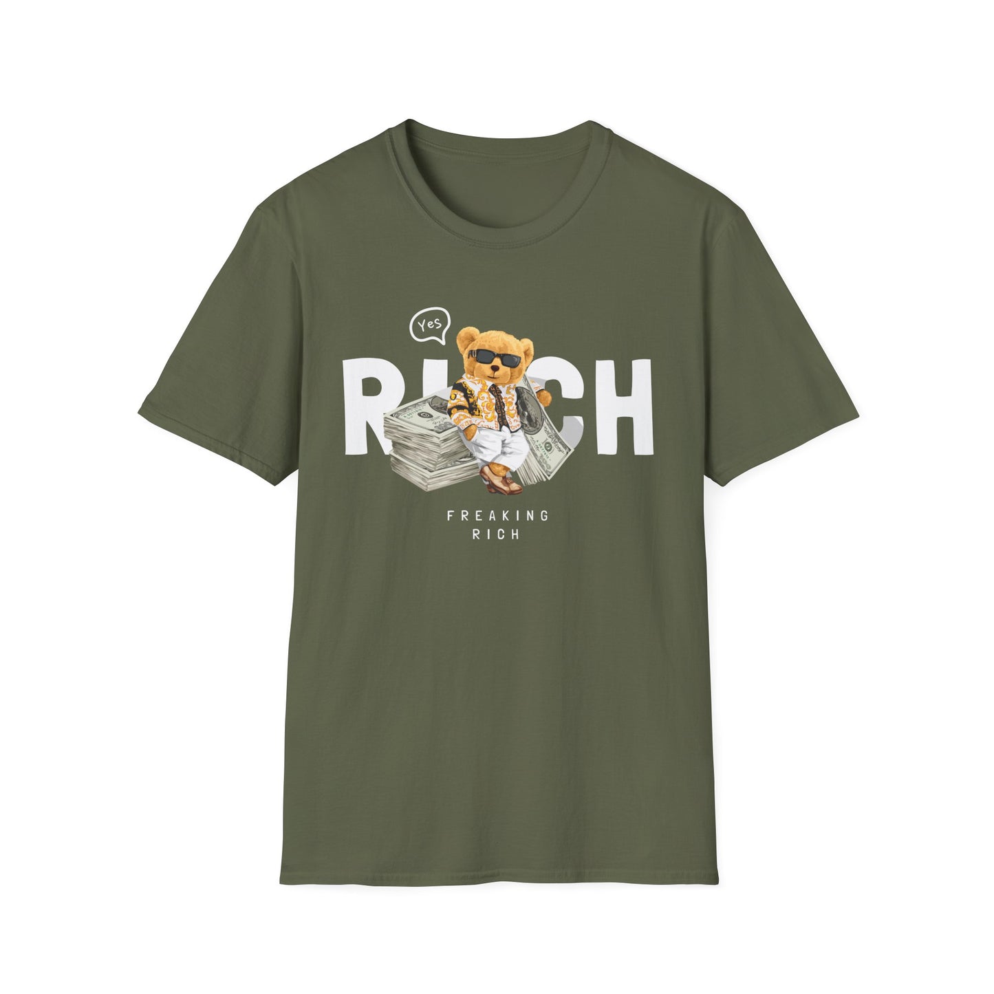 Freaking Rich T-Shirt, Unisex Softstyle Tee for Money Lovers, Fun Graphic Shirt for Birthdays, Gifts, Everyday Wear, Casual Attire Military Green