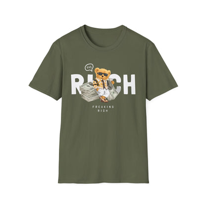 Freaking Rich T-Shirt, Unisex Softstyle Tee for Money Lovers, Fun Graphic Shirt for Birthdays, Gifts, Everyday Wear, Casual Attire Military Green