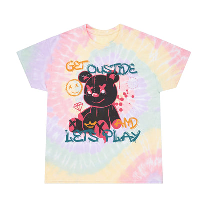 Unisex "Get Outside & Let's Play" Tie Dye T-Shirt – Playful Streetwear Graphic Tee with Edgy Teddy Bear – Soft Cotton