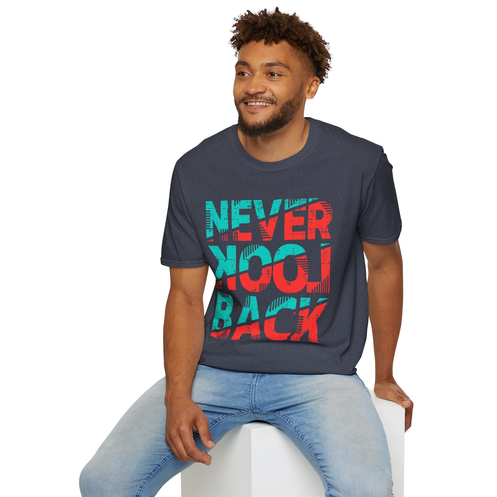 Unisex Softstyle T-Shirt with 'Never Look Back' Design - Motivational Graphic Tee for Daily Wear, Gifts, Casual Outings, Street Style