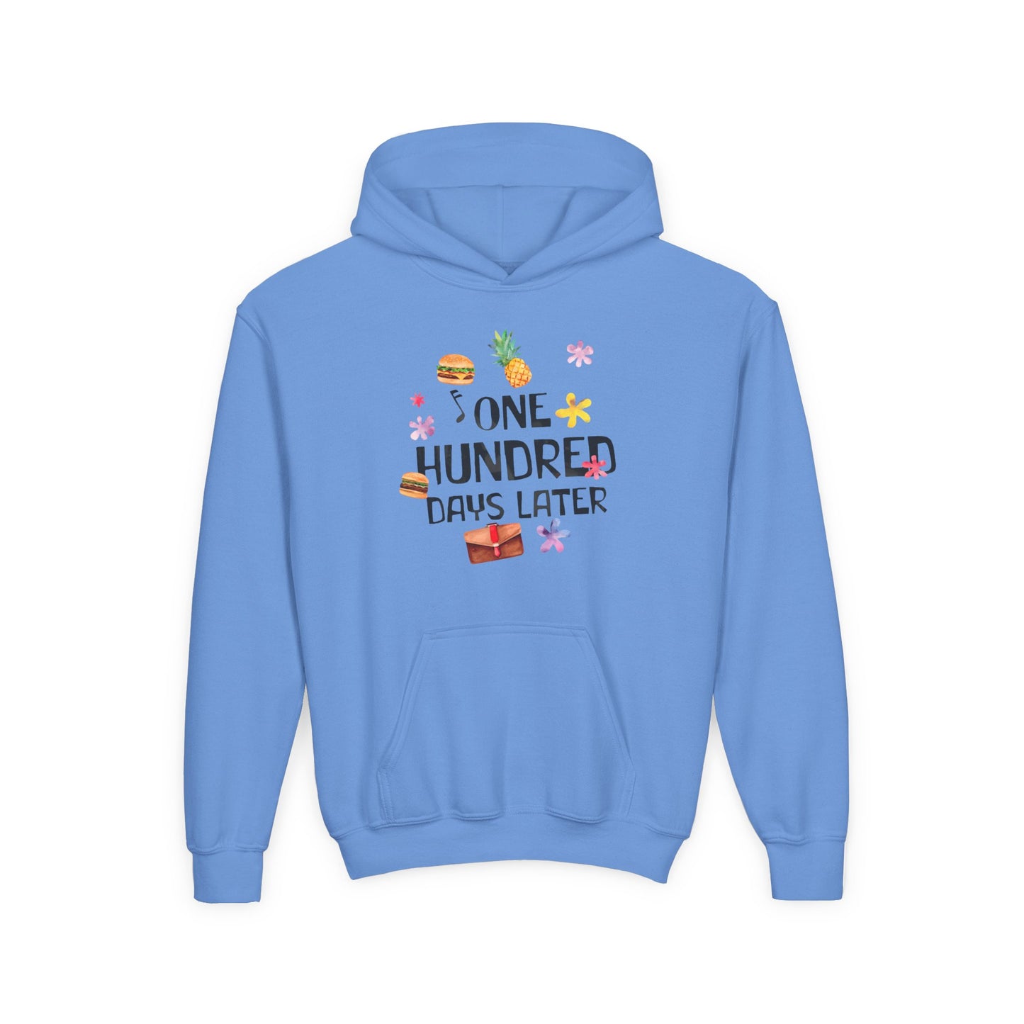 One Hundred Days Later Youth Hoodie, Fun Sweater for Kids, Cozy Gift for Birthdays, Celebrations, and Comfy Days Carolina Blue