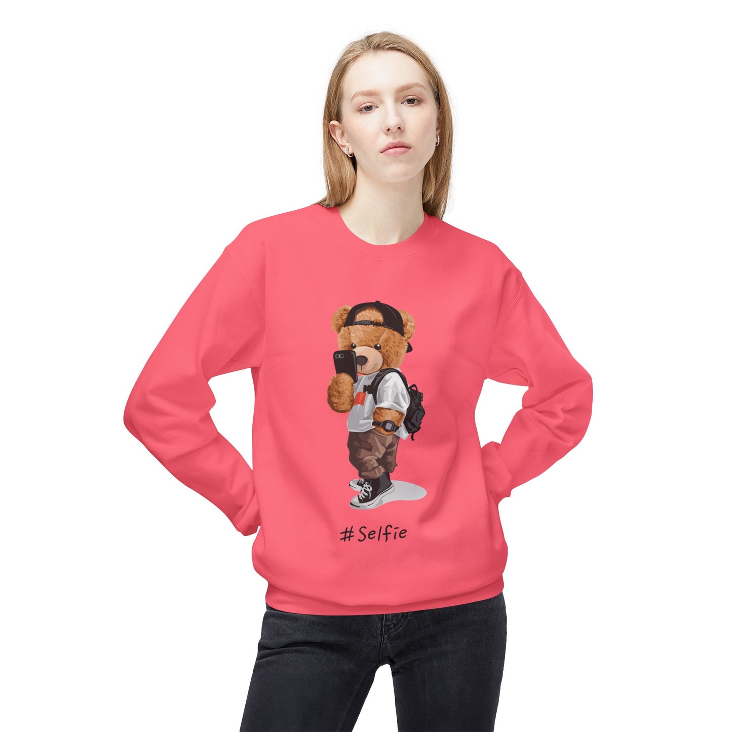 Cute Bear Selfie Sweatshirt, Trendy Gift for Teens, Cozy Fleece Crew, Fashionable Streetwear, Perfect for Casual Days, Instagram Vibes