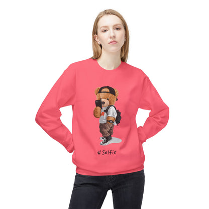 Cute Bear Selfie Sweatshirt, Trendy Gift for Teens, Cozy Fleece Crew, Fashionable Streetwear, Perfect for Casual Days, Instagram Vibes