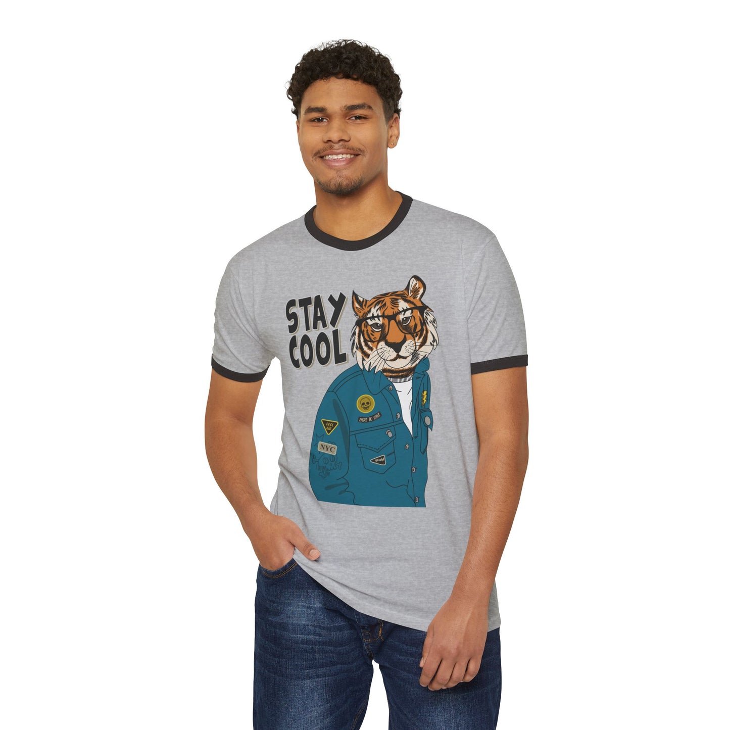 Stay Cool Tiger Ringer T-Shirt, Unisex Vintage Tee, Casual Gift, Animal Lover Apparel, Summer Fashion, Fun Graphic Shirt