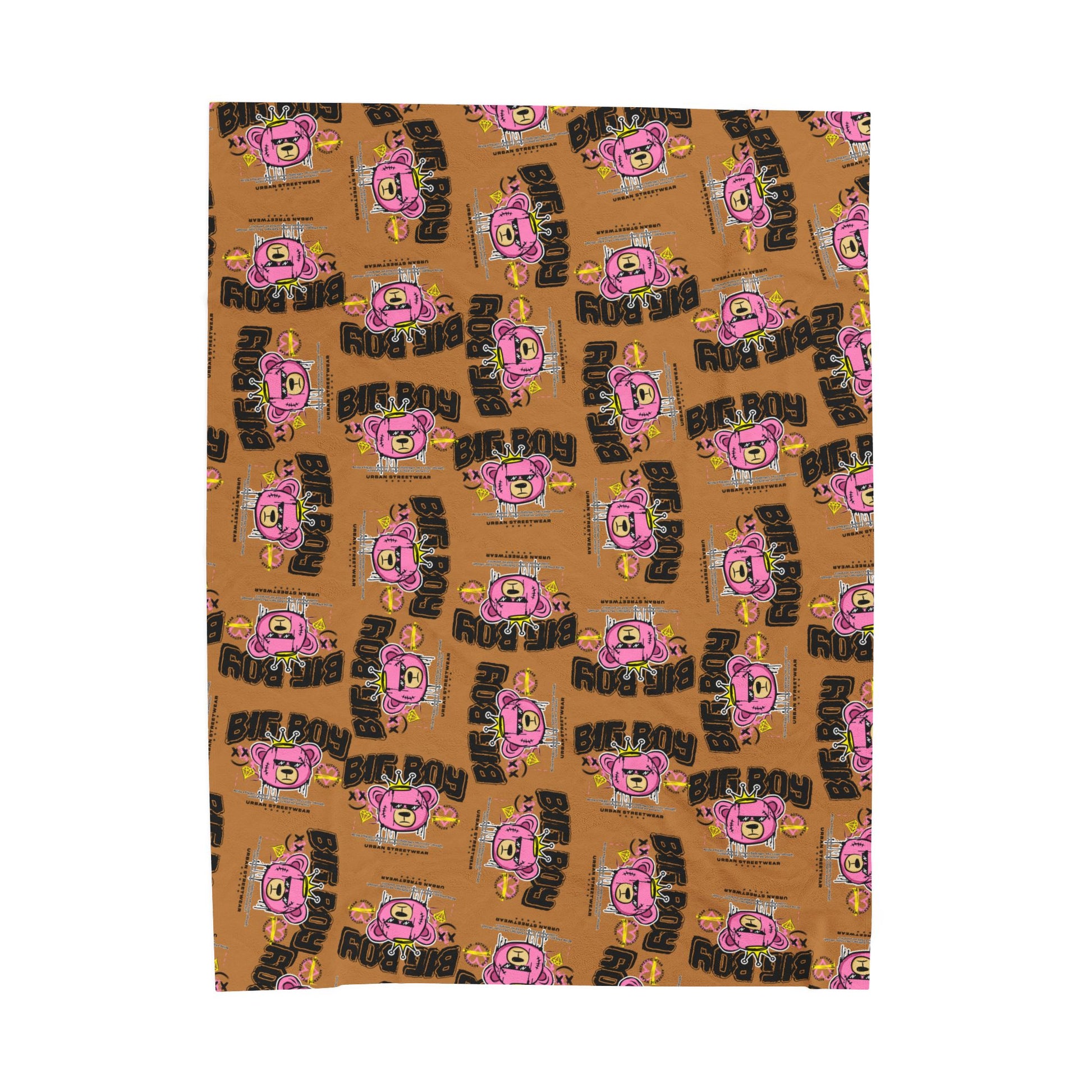 "Big Boy" Pink Bear Graphic Plush Blanket – Soft Velveteen Throw for Bed or Couch – Brown Urban Streetwear Home Decor