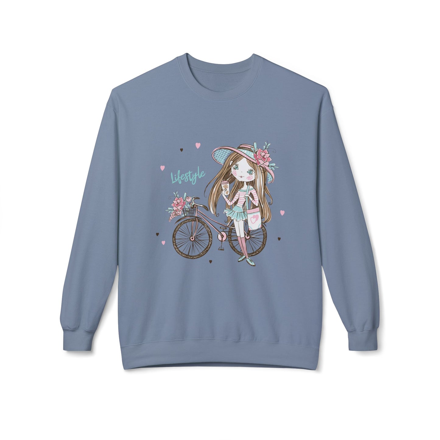Chic Fleece Sweatshirt with Whimsical Bicycle Design - Perfect for Cozy Days, Gift for Cyclists, Cute Outfit for Spring, Birthday Stone Blue